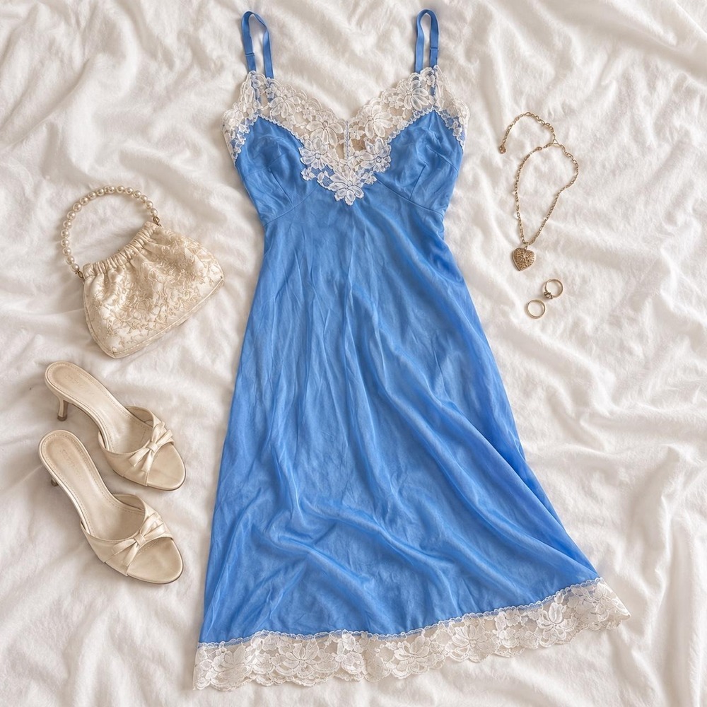 70s lorraine blue lace maxi slip fits like an 18 hand dyed